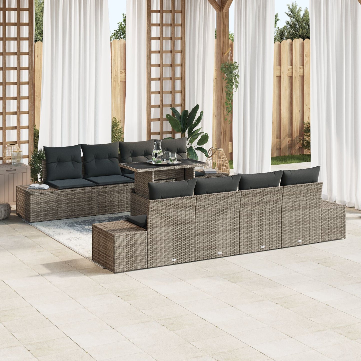 9-Delige Tuinbankset Met Kussens Grijs Poly Rattan