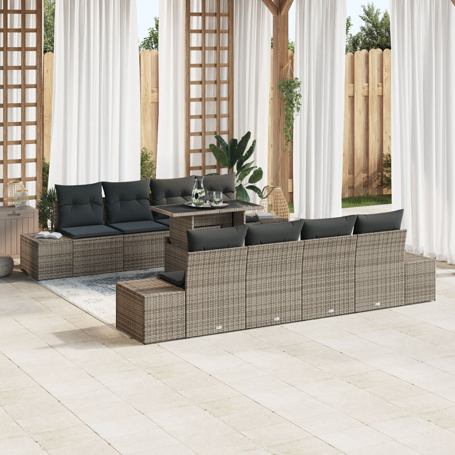 9-Delige Tuinbankset Met Kussens Grijs Poly Rattan