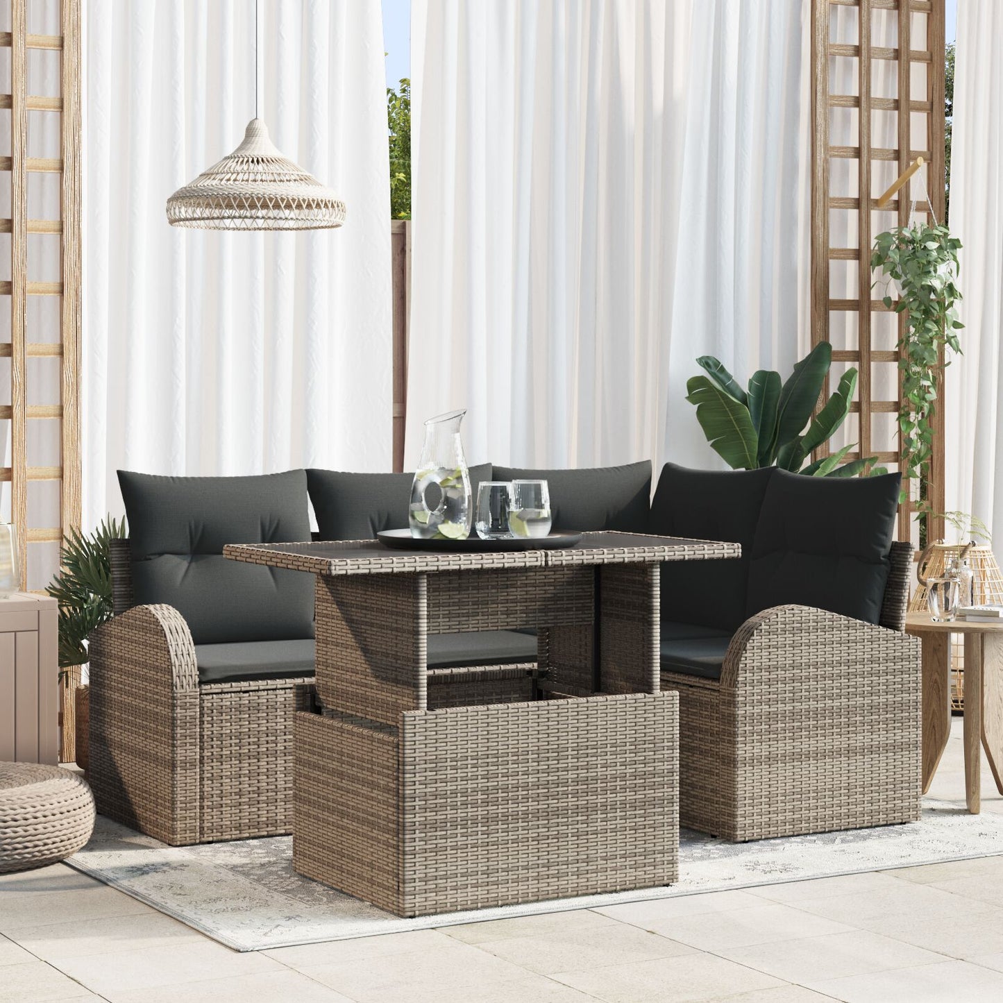 5 Delige Tuin Sofa Set Met Kussens Grijs Poly Rattan
