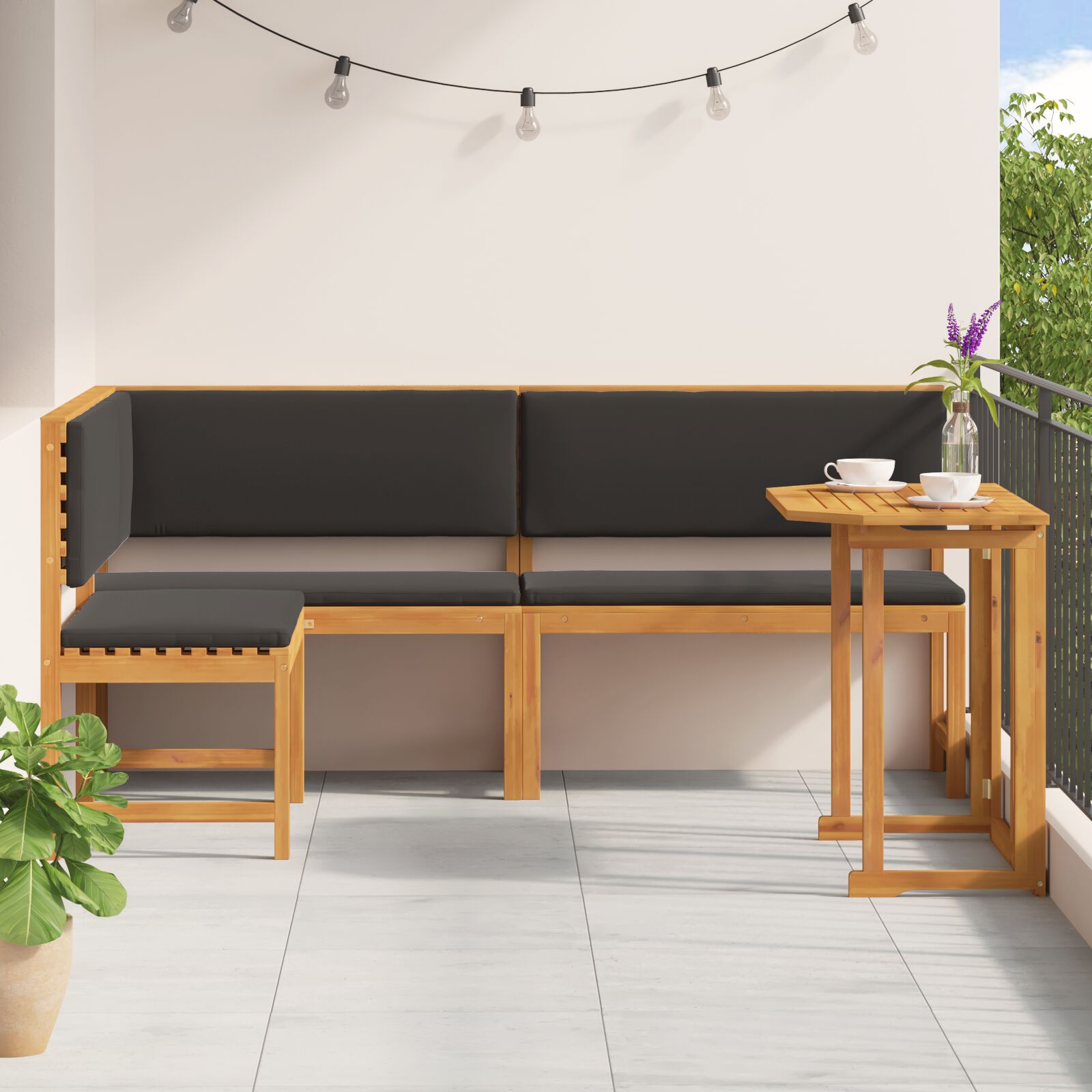 3-Delige Tuin Bistro Set Met Kussens Van Massief Acaciahout Anthraciet Tafel + 2x bank