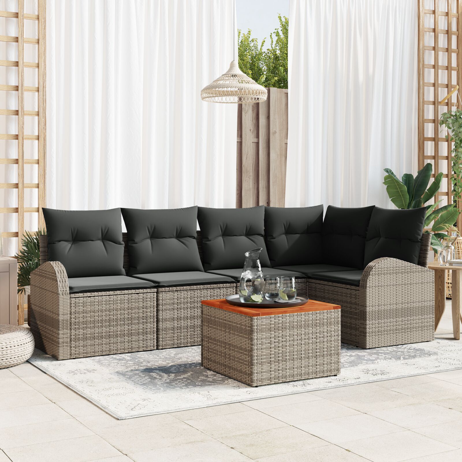6-Delige Tuin Sofa Set Met Kussens Grijs Poly Rattan Acacia