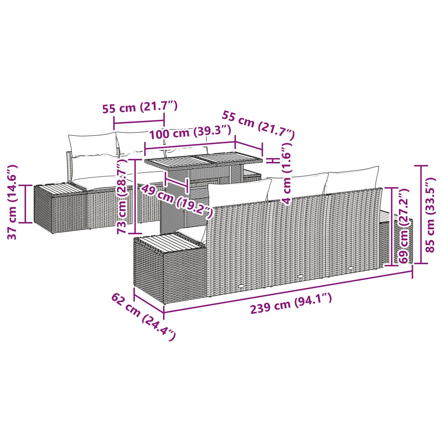 7-Delige Tuin Eetset Met Kussens Grijs Poly Rattan Acacia