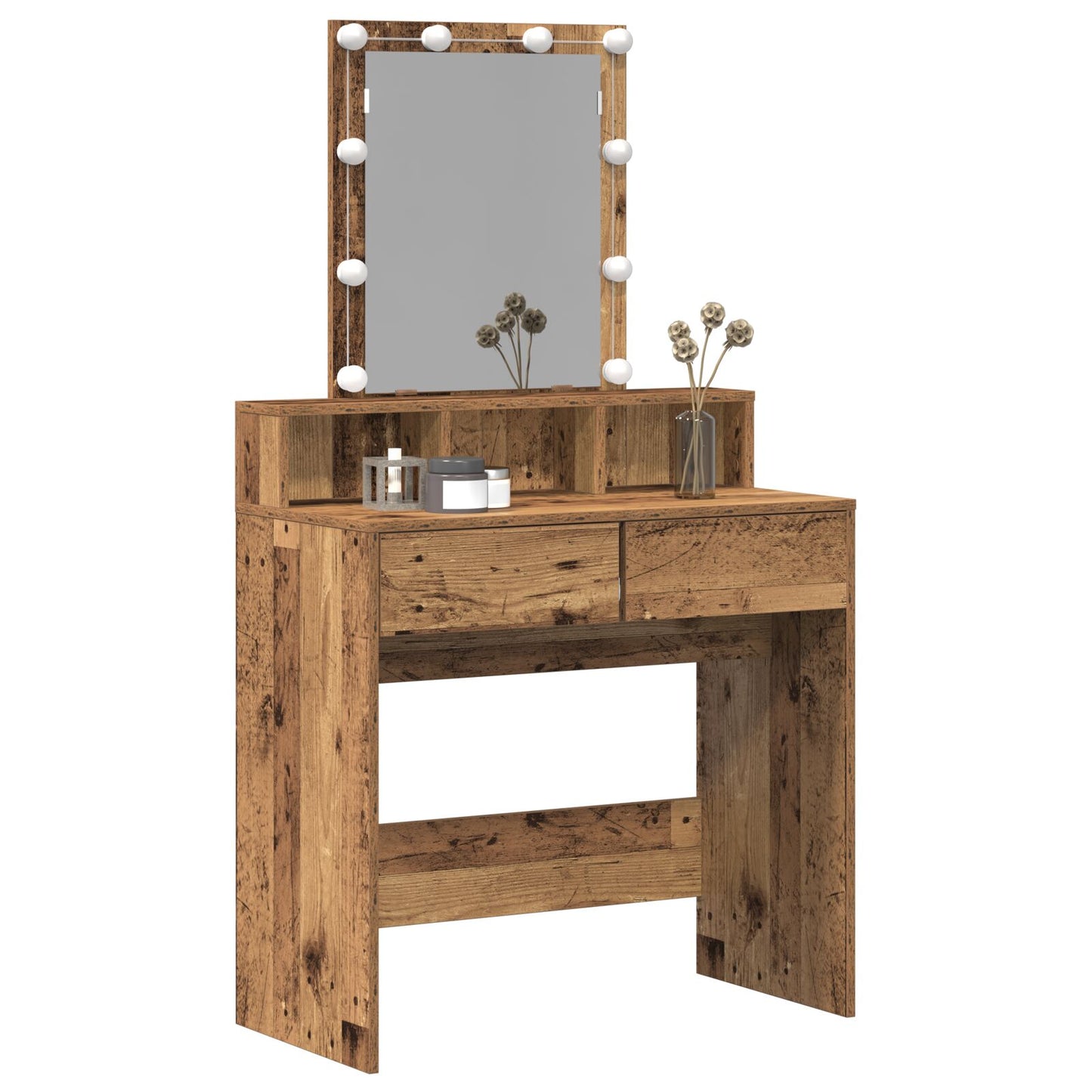 Kaptafel Met Spiegel & Led Verlichting Oud Hout Geengineerd Hout
