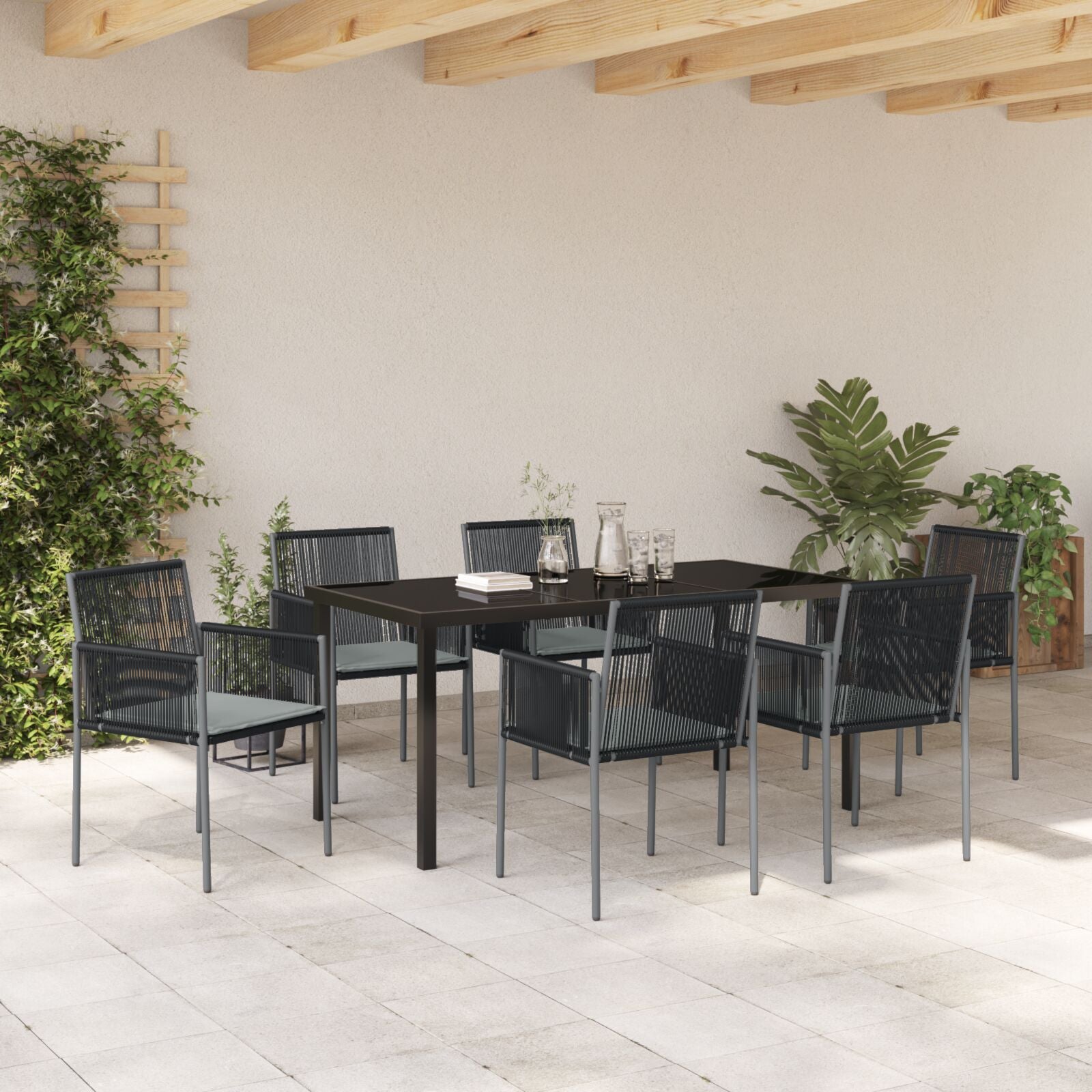 Set Van 4 Zwart, Lichtgrijs Pe Rattan, Schuim, Stof