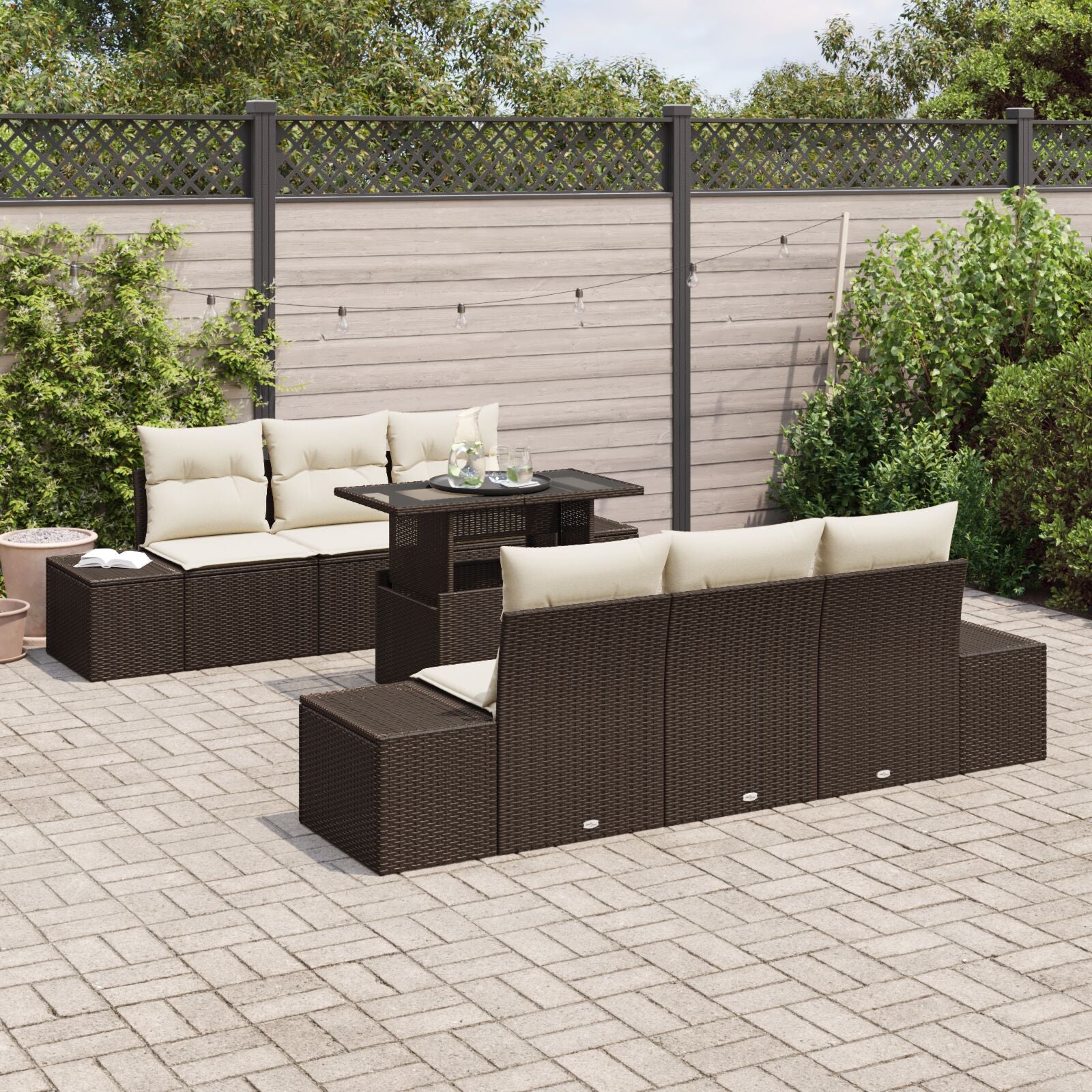 7-Delige Tuinbankset Met Kussens Bruin Poly Rattan