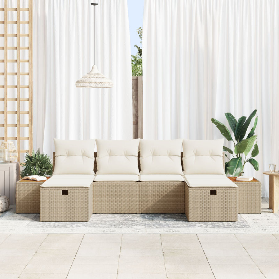 6-Delig Tuinbankstel Met Kussens Beige Poly Rattan