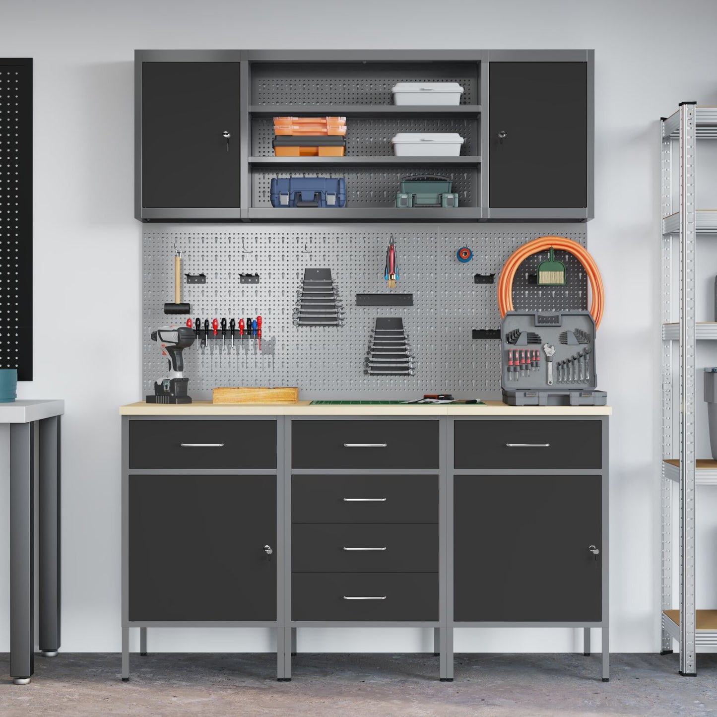 7-Delige Werkbank Set Staal 3x (84/84/85 cm) Zwart 4x kast + 4x pegboard