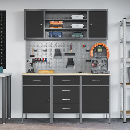 7-Delige Werkbank Set Staal 3x (84/84/85 cm) Zwart 4x kast + 4x pegboard