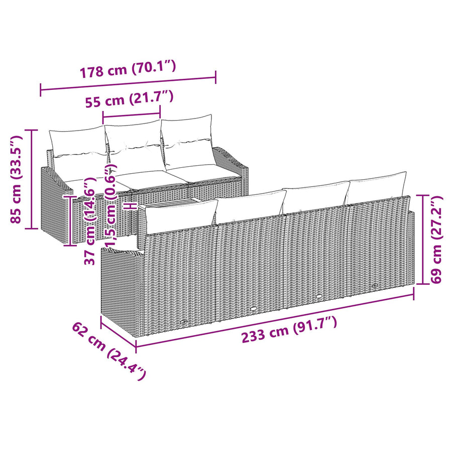 8-Delige Tuinbankset Met Kussens Zwart Poly Rattan Acacia