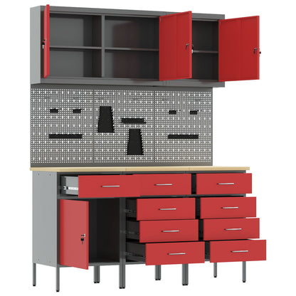 8-Delige Werktafel Set Staal 3x (84/85/85 cm) Rood 3x kast + 3x pegboard + 2x gereedschap kabinet