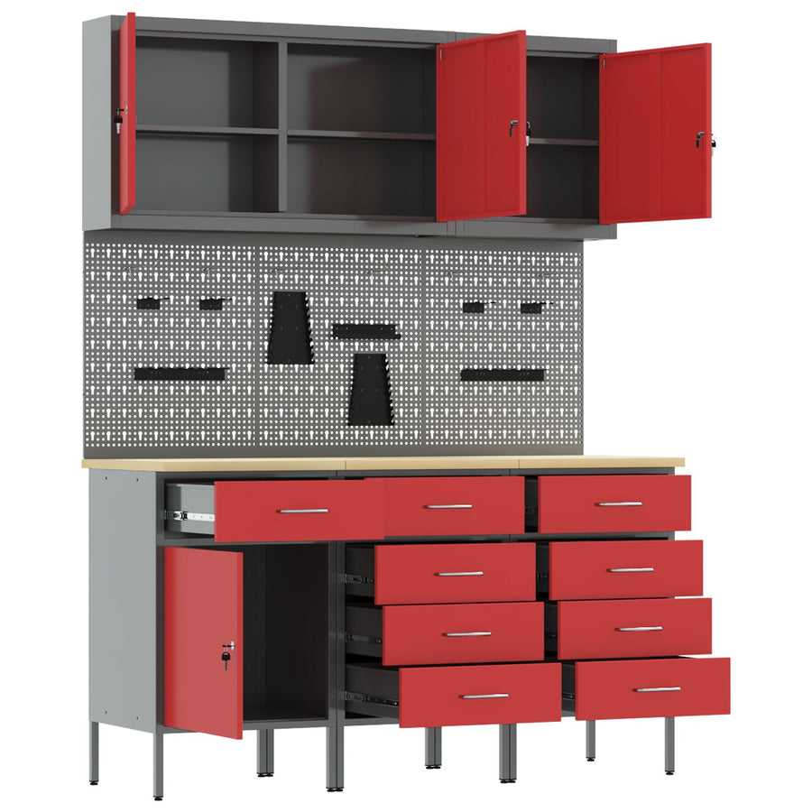 8-Delige Werktafel Set Staal 3x (84/85/85 cm) Rood 3x kast + 3x pegboard + 2x gereedschap kabinet