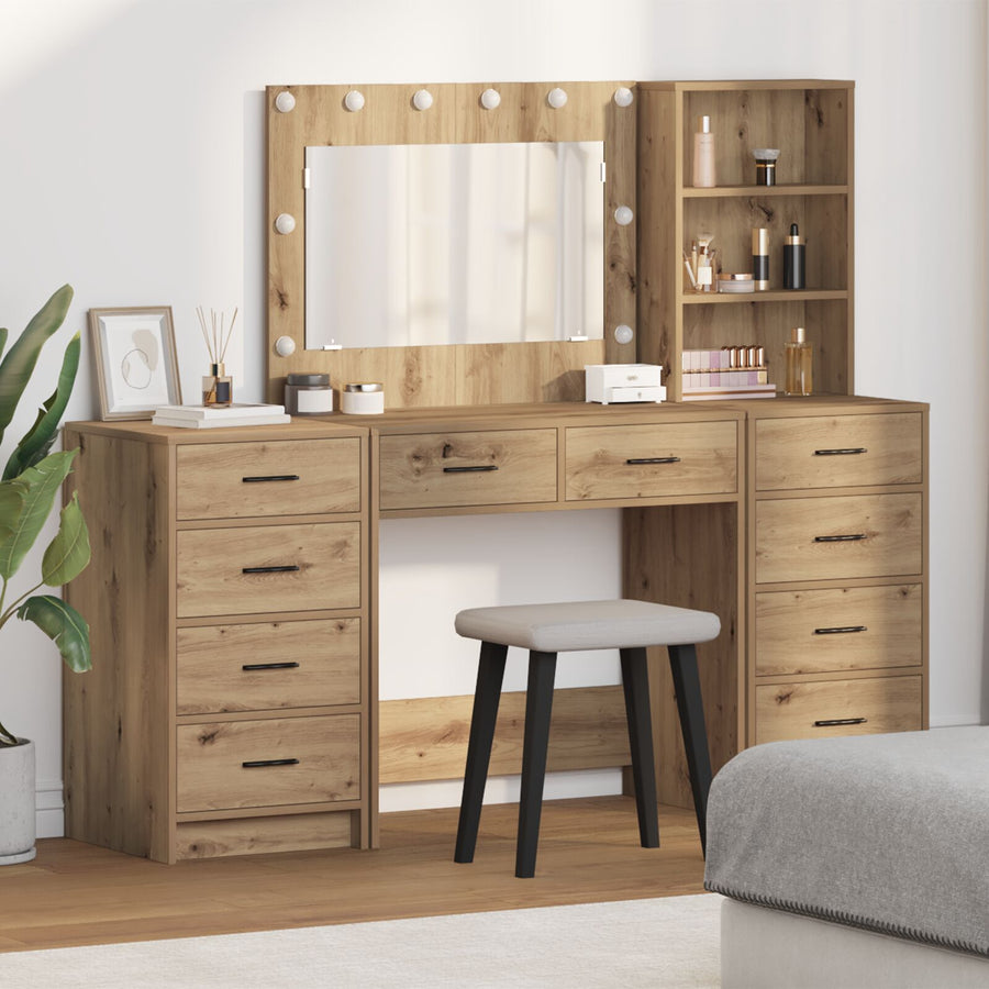 3-Delige Kaptafel Set Met Led Ambachtelijk Eiken Bewerkt Hout