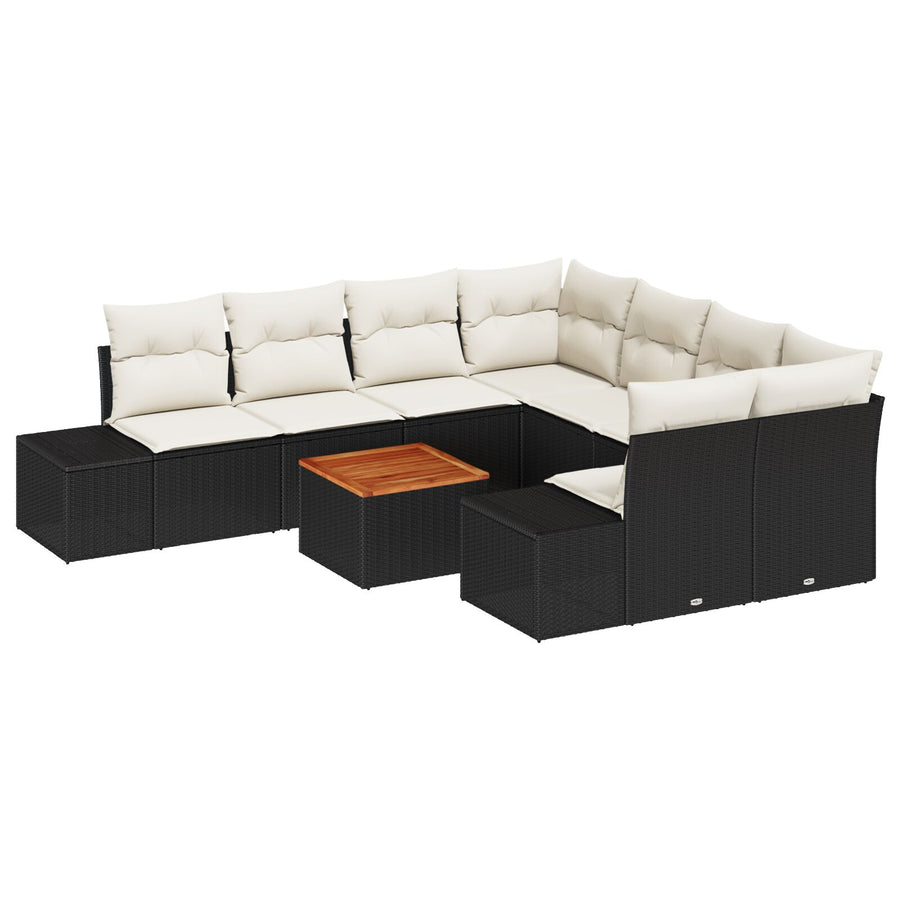 9-Delige Tuinbankset Met Kussens Zwart Poly Rattan Acacia