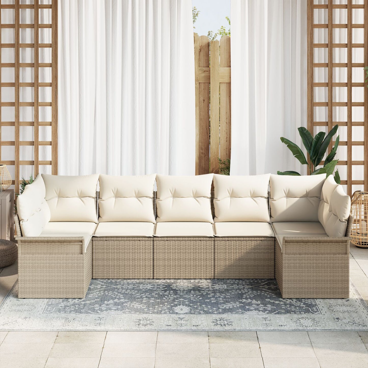 7-Delige Tuin Sofa Set Met Kussens Beige Poly Rattan
