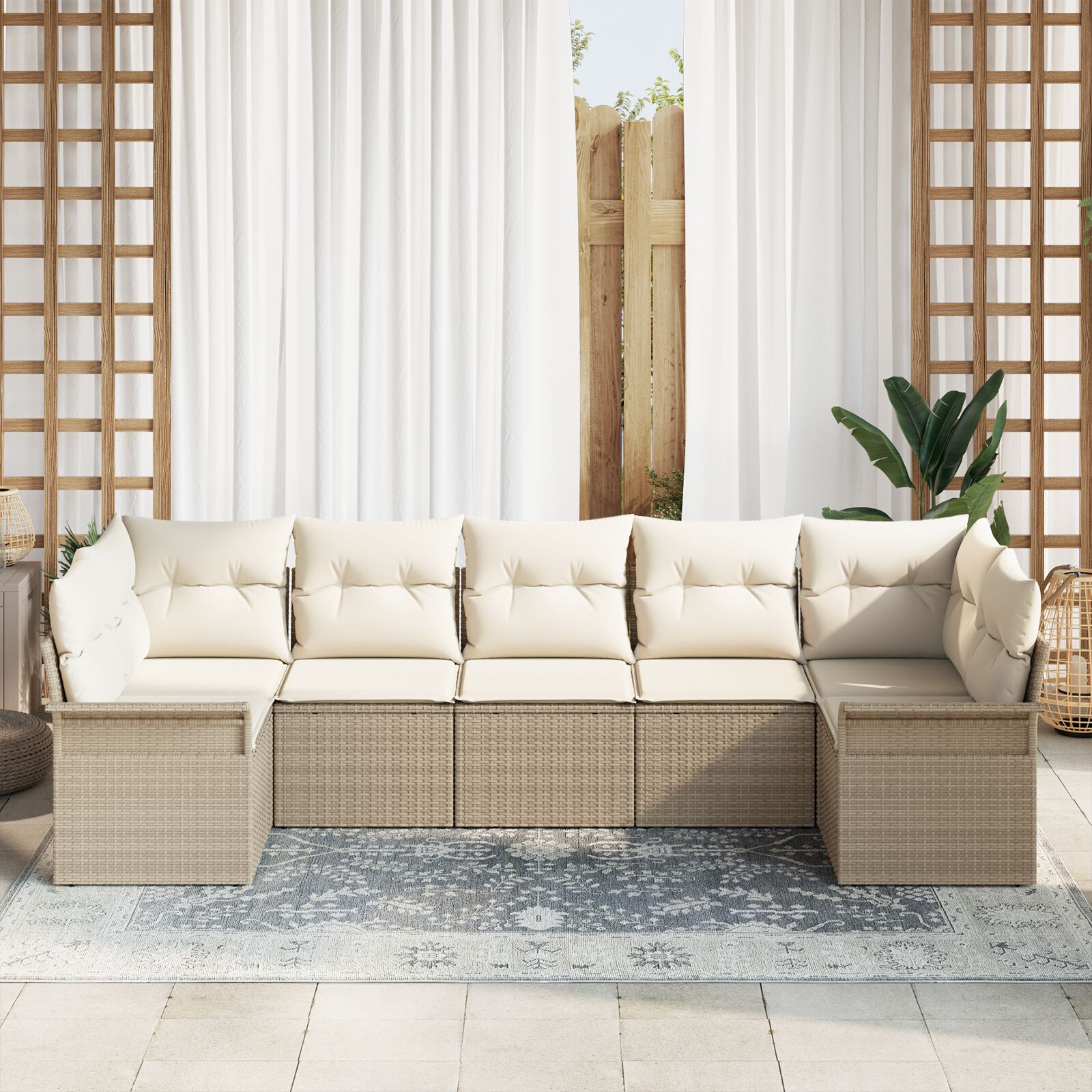7-Delige Tuin Sofa Set Met Kussens Beige Poly Rattan
