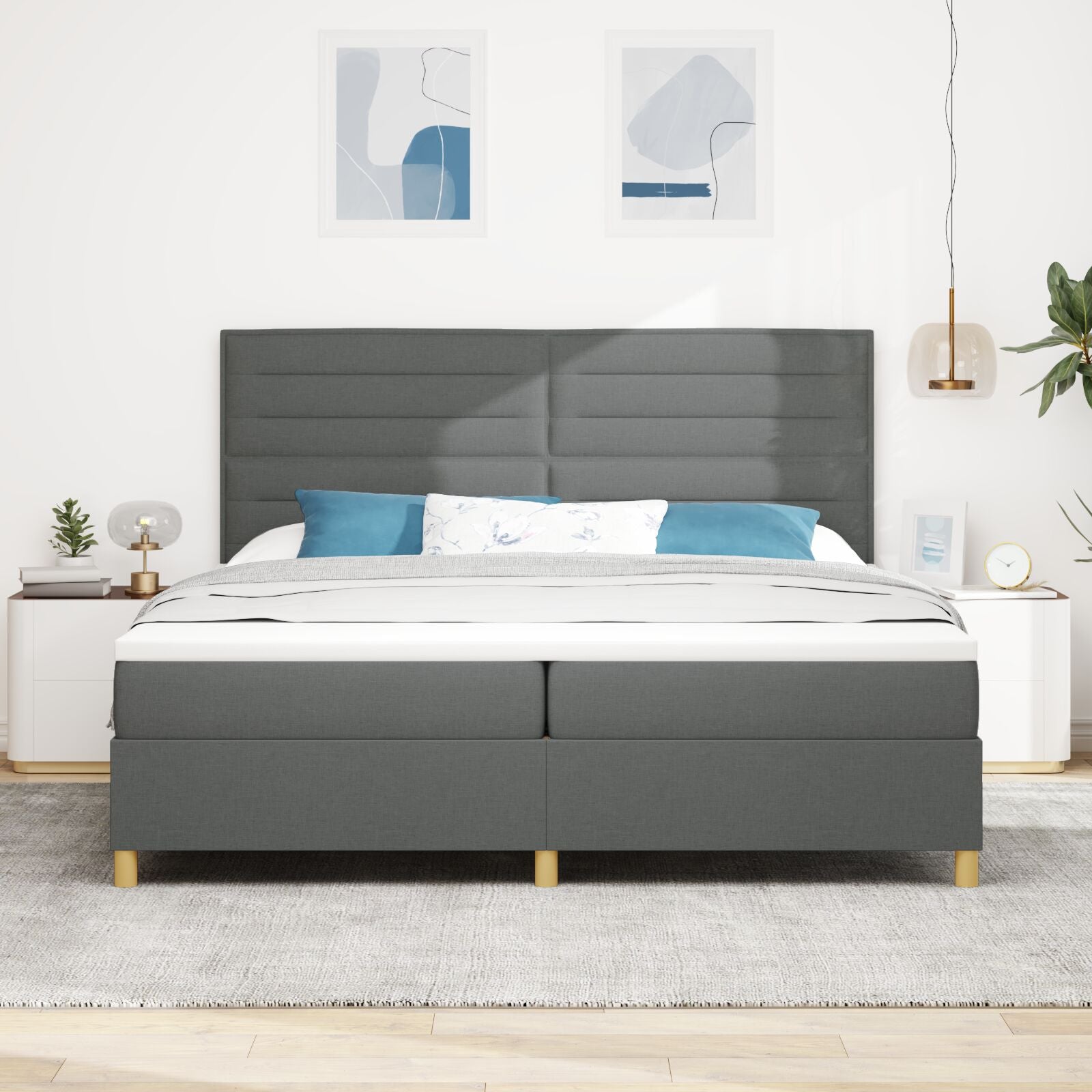 Boxspring Bed Met Matras Donkergrijs 200X200 Cm Stof Blauw
