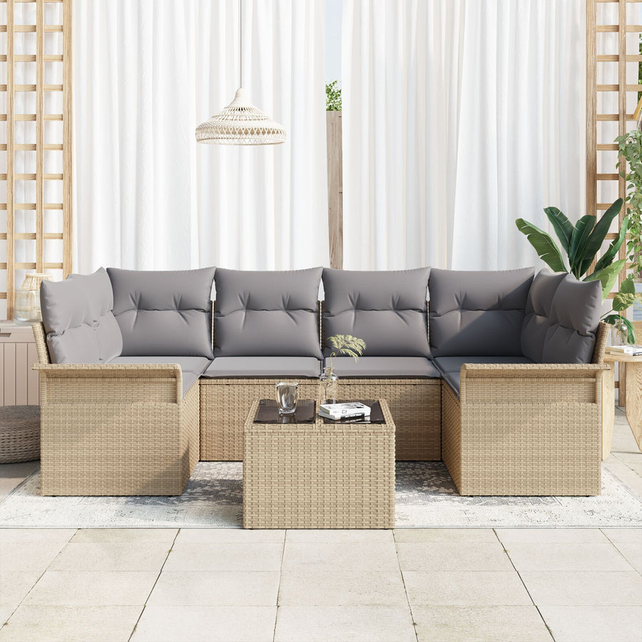 7-Delige Tuin Sofa Set Met Kussens Beige Poly Rattan