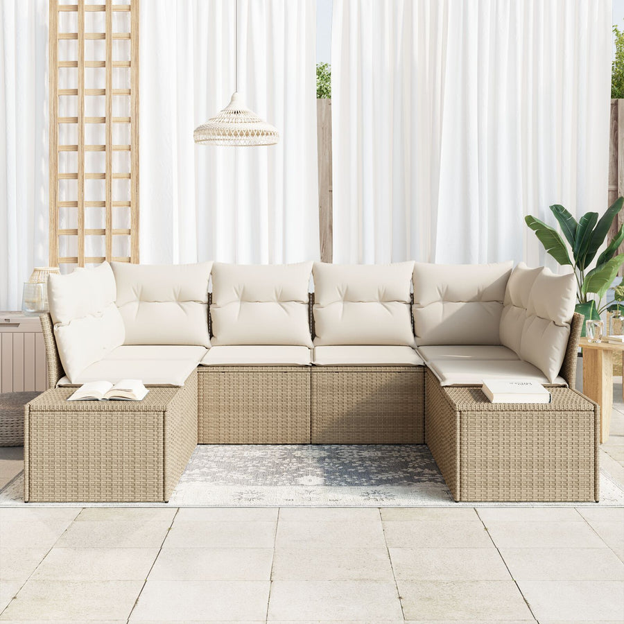 6 Persoons Tuin Sofa Set Met Kussens Beige Poly Riet
