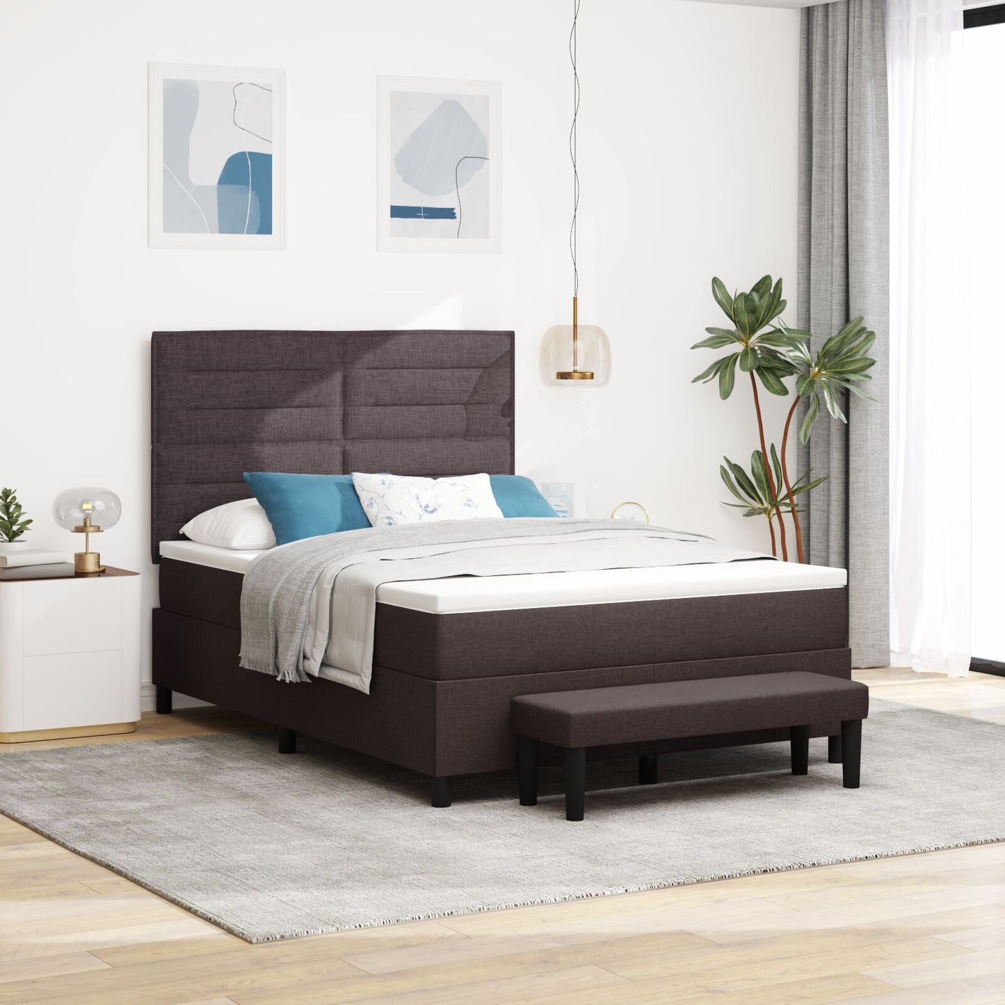 Boxspring Bed Met Matras & Bank Donkerbruin 140X190 Cm Stof Zwart