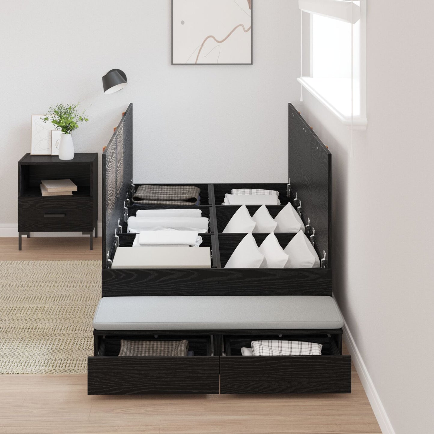 Opbergbedframe Zwart Eiken Gemaakt Hout 236,5 X 100 X 31,5 Cm Artisanaal Eiken