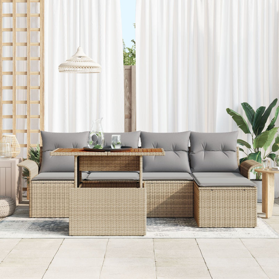 6-Delige Tuin Eetset Met Kussens Beige Poly Rattan Acacia