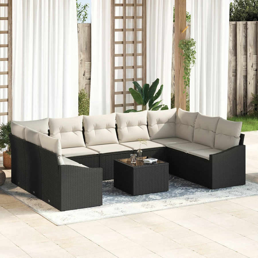 9 Delige Tuin Sofa Set Met Kussens Bruin Poly Rattan Zwart en crème met tafel