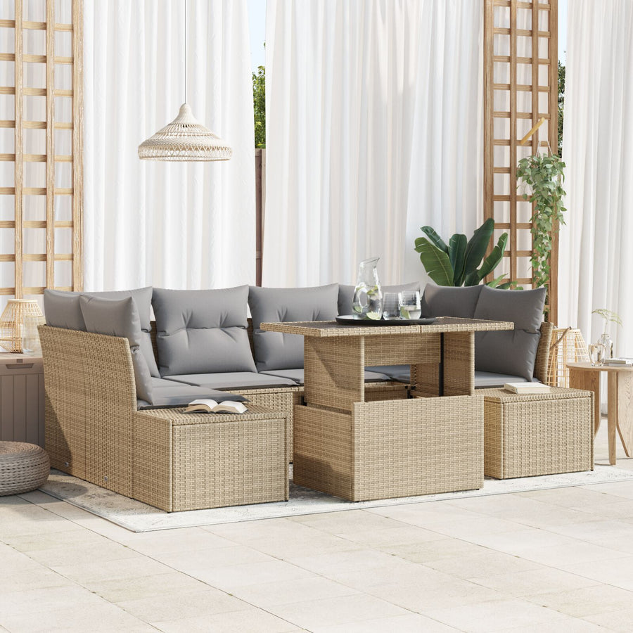 Tuinbankset Set Van 7 Beige Rattan Tuinbankset Rechthoekig