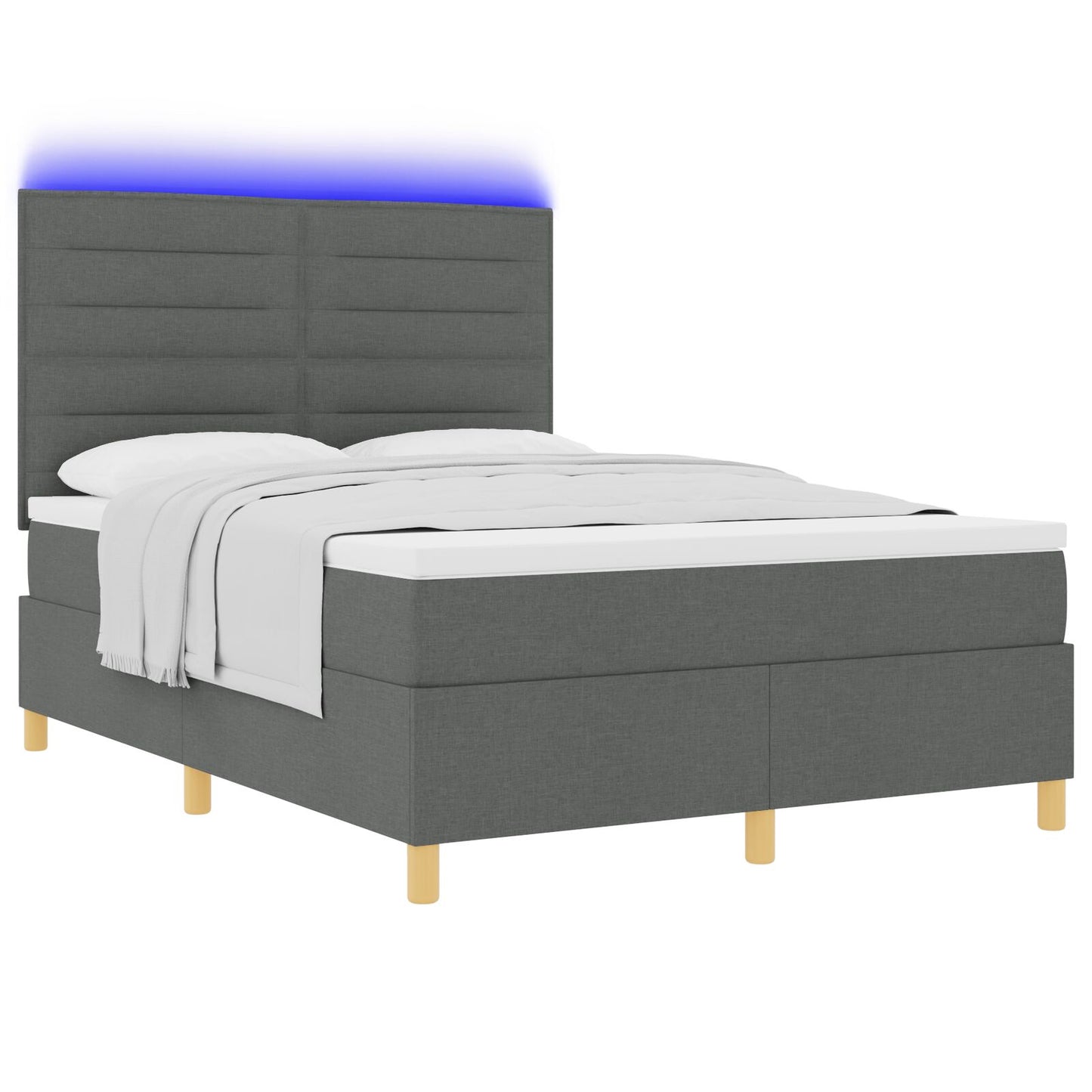 Boxspring Bed Met Matras & Led Donkergrijs 140X190 Cm Stof Blauw