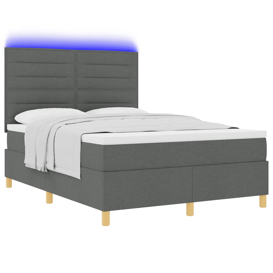 Boxspring Bed Met Matras & Led Donkergrijs 140X190 Cm Stof Blauw