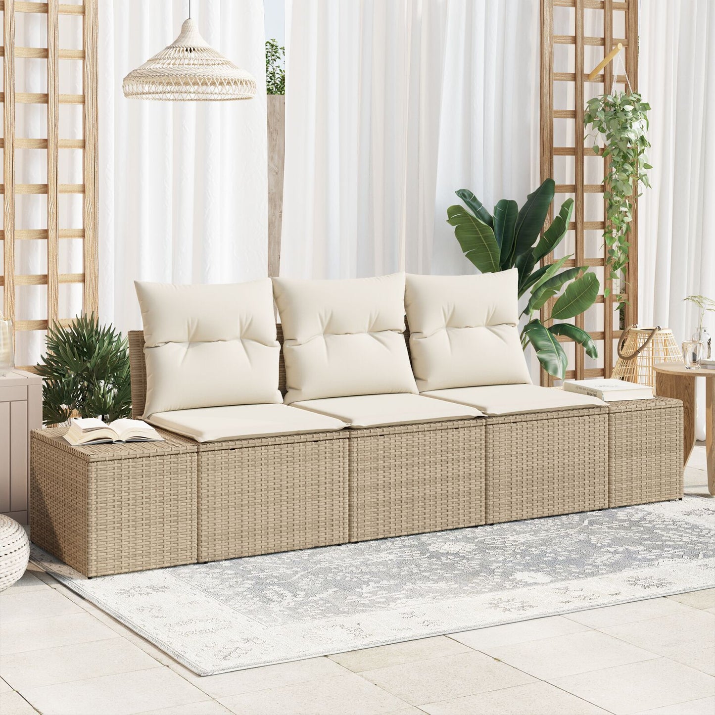 3-Delige Tuin Sofa Set Met Kussens Beige Poly Rattan