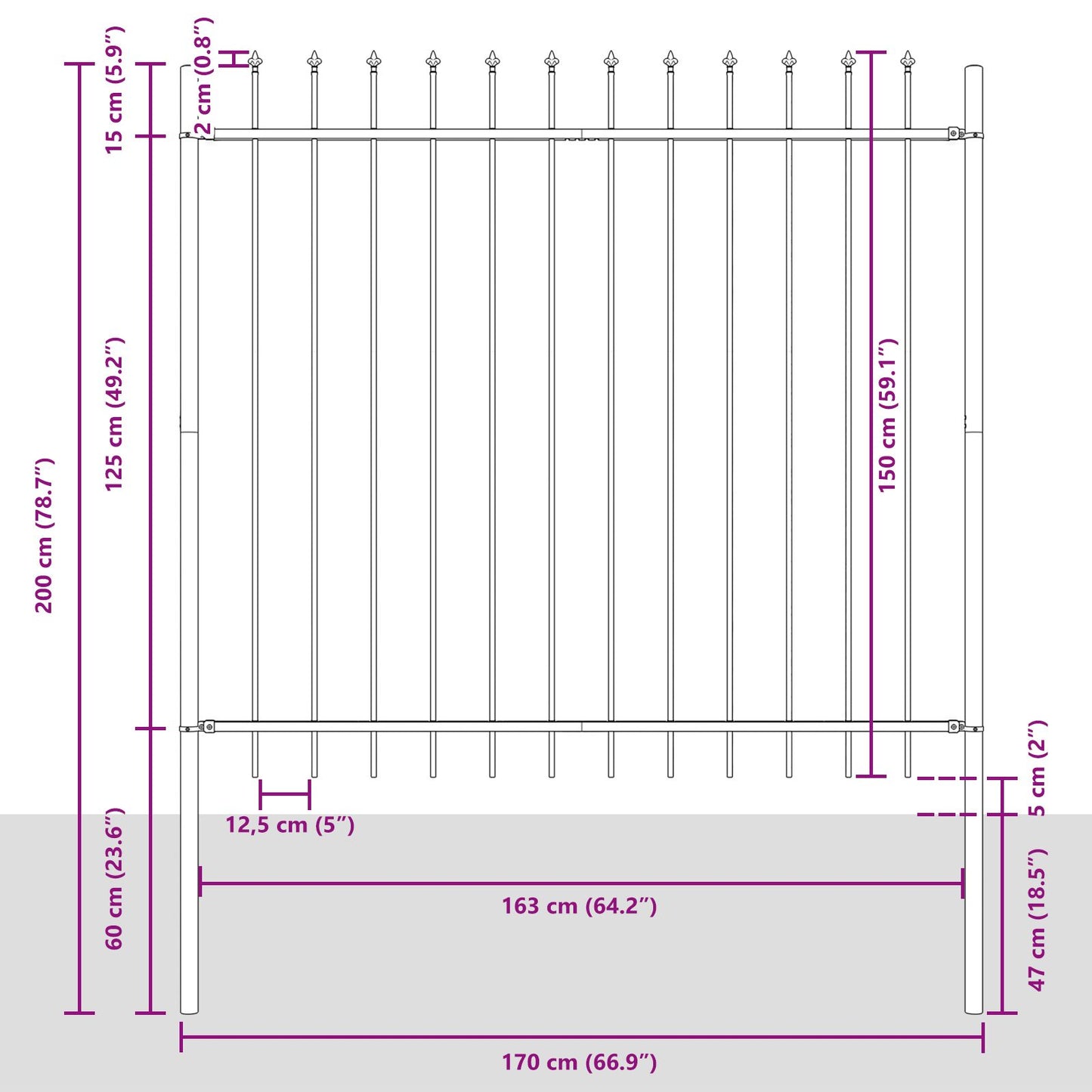 Tuinhek Met Spitse Top 5,1X1,5 M Staal Grijs 1.5 m 5.1 m