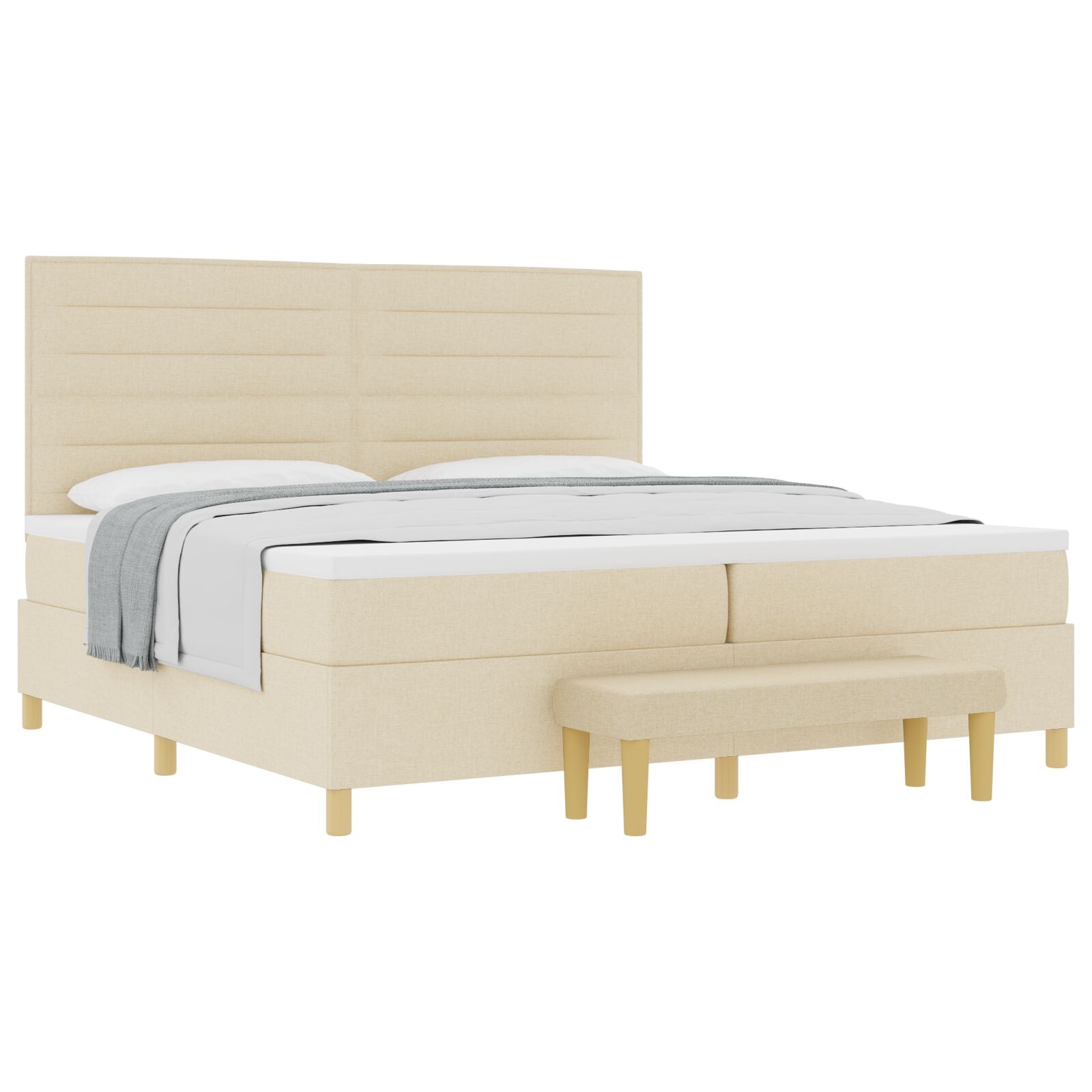 Boxspringbed Met Matras & Bank Stof Crème 200 x 200 cm Lijnen ontwerp