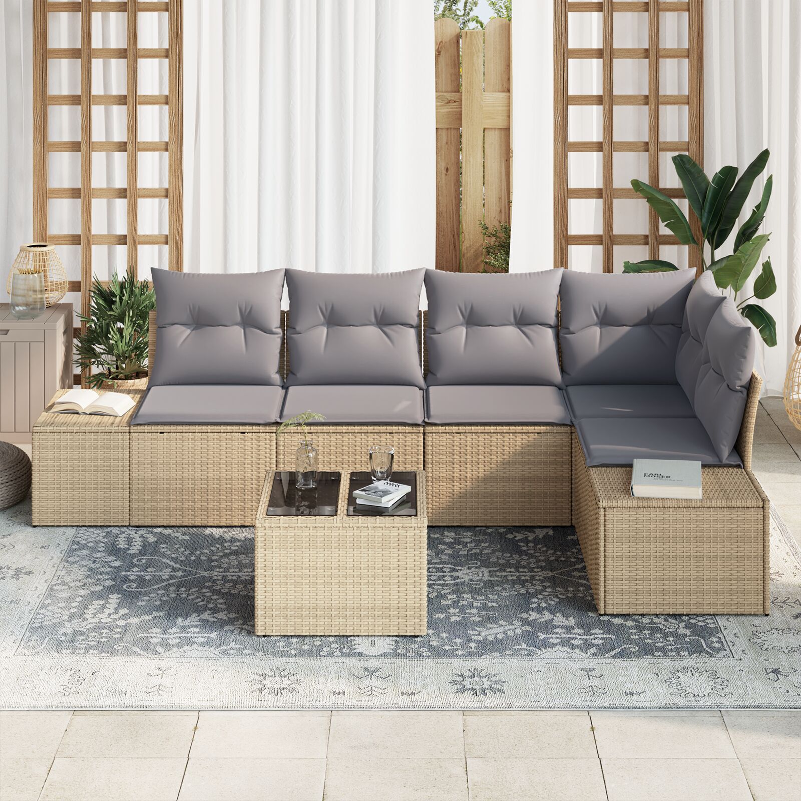 6-Delige Tuin Sofa Set Met Kussens Zwart Poly Rattan Beige en lichtgrijs met tafel
