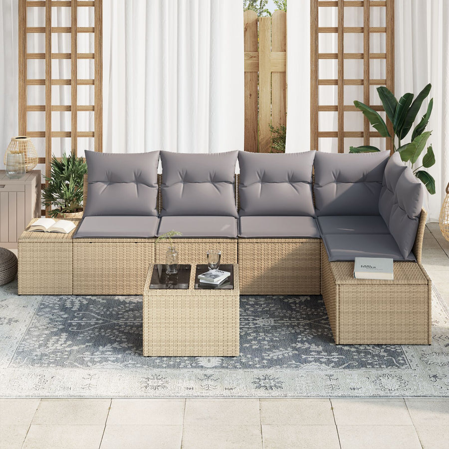 6-Delige Tuin Sofa Set Met Kussens Zwart Poly Rattan Beige en lichtgrijs met tafel