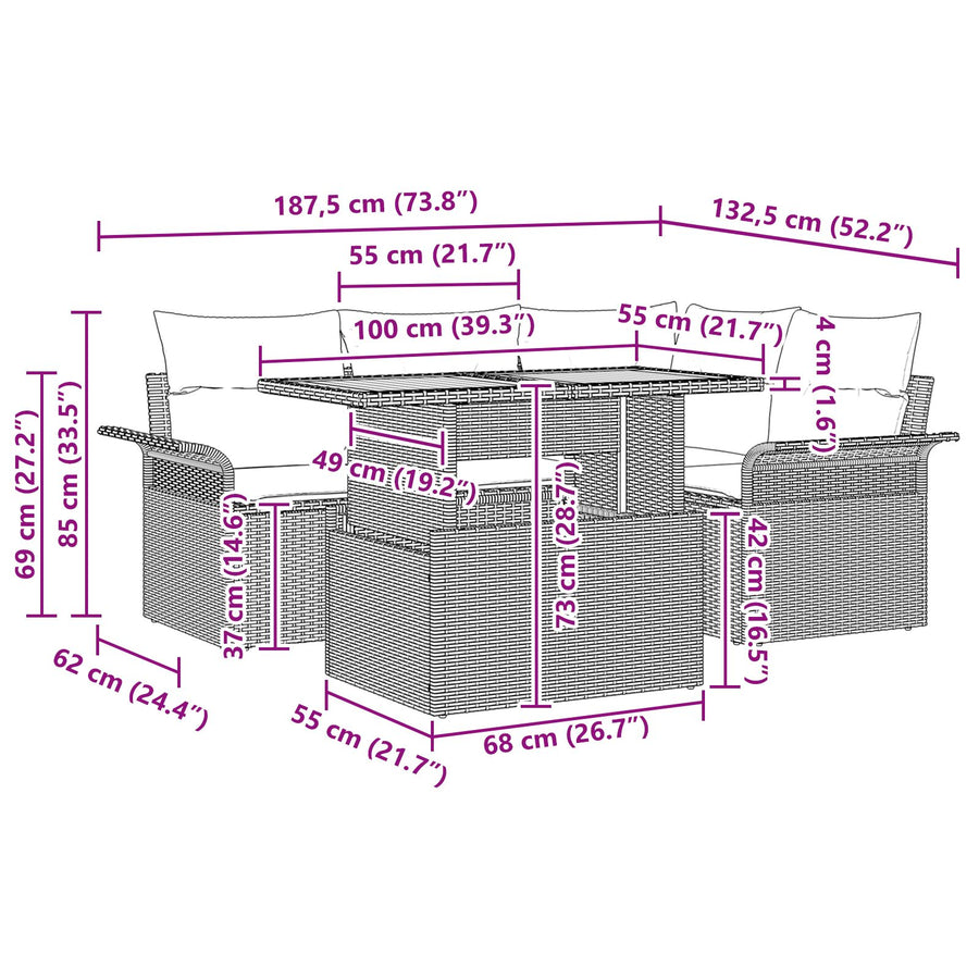 5-Delige Tuin Eet Set Met Kussens Beige Poly Rattan Acacia
