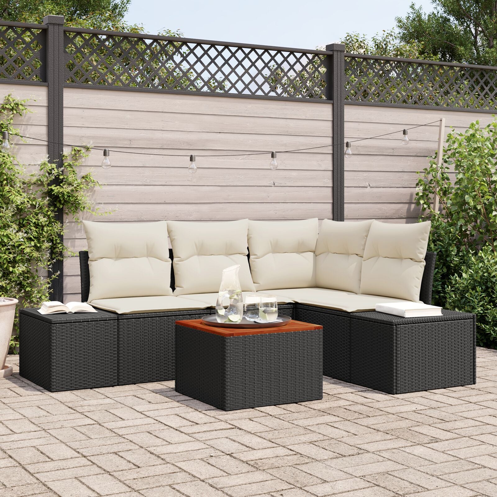 5-Delige Tuinstoelset Met Kussens Zwart Poly Rattan Acacia