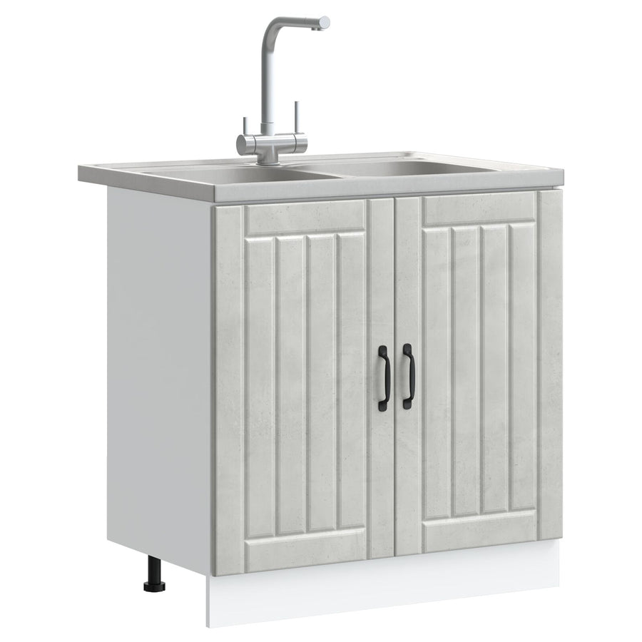 Keuken Slowcooker 'Lucca' Met Dubbele Spoelbakken, Beton-Grijs En Gelaagd Hout