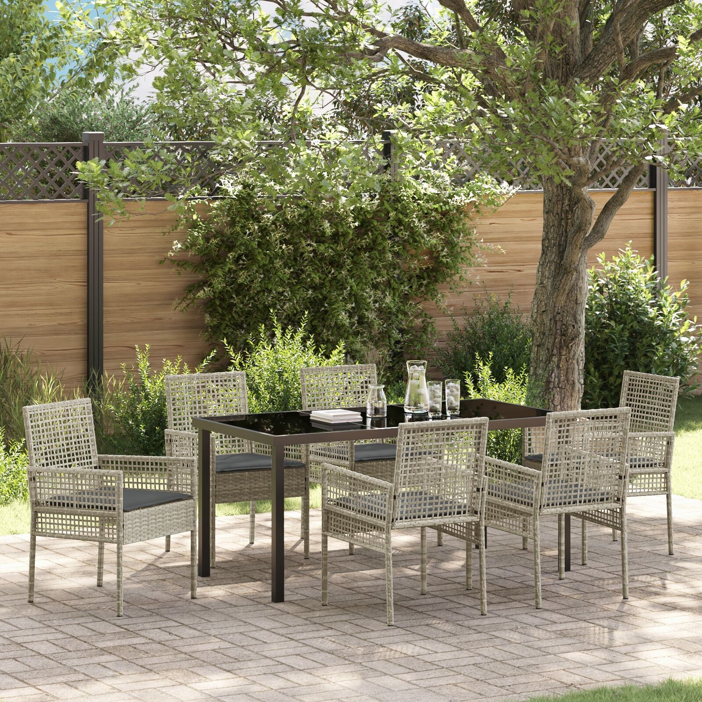 7-Delige Tuin Eetset Met Kussens Lichtgrijs Poly Rattan