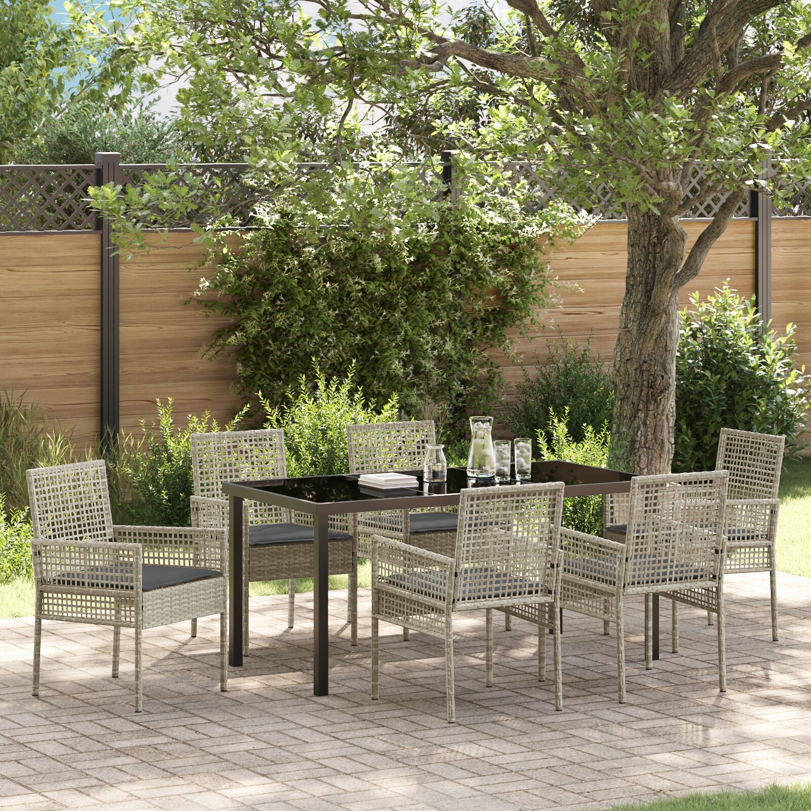 7-Delige Tuin Eetset Met Kussens Lichtgrijs Poly Rattan