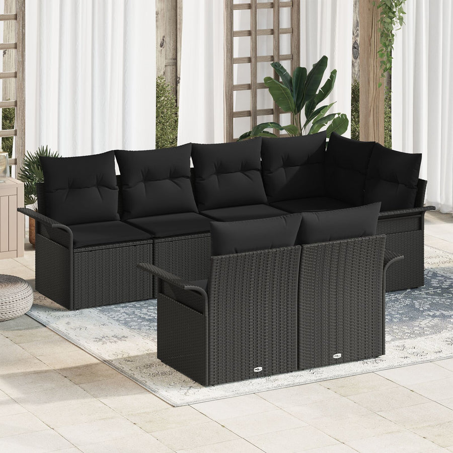 7-Delige Tuin Sofa Set Met Kussens Zwart Poly Rattan