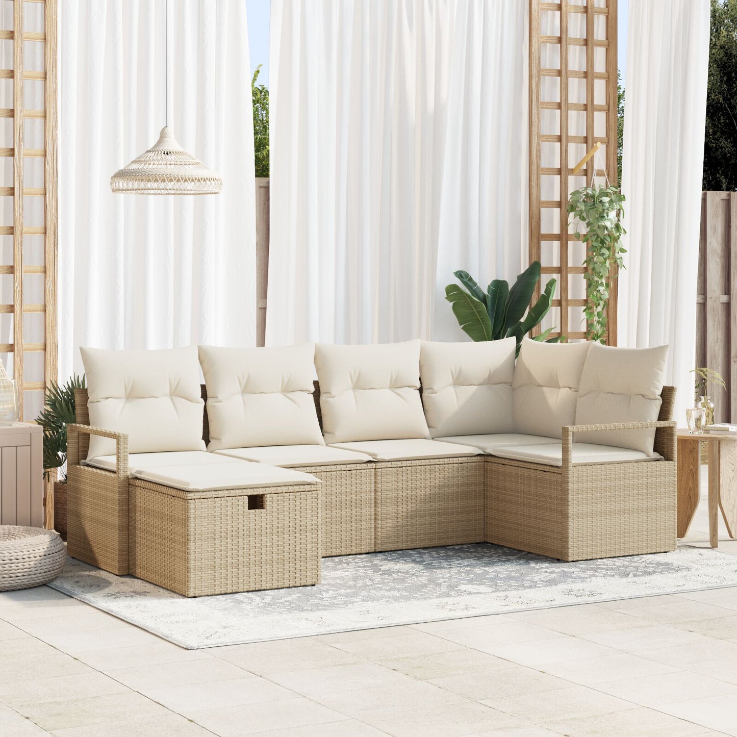 6-Delig Tuin Sofa Set Met Kussens Beige Poly Rattan, 2-Zits Tuin Sofa Met Opslag & Kussens Beige Poly Rattan Wit