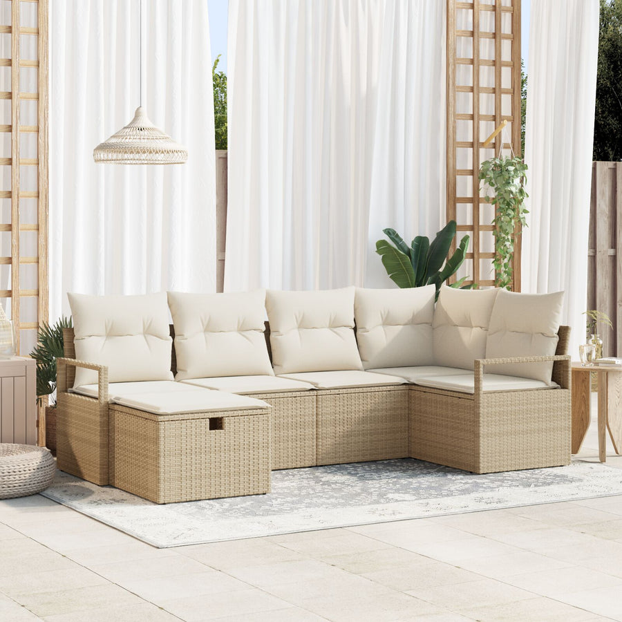 6-Delig Tuin Sofa Set Met Kussens Beige Poly Rattan, 2-Zits Tuin Sofa Met Opslag & Kussens Beige Poly Rattan Wit