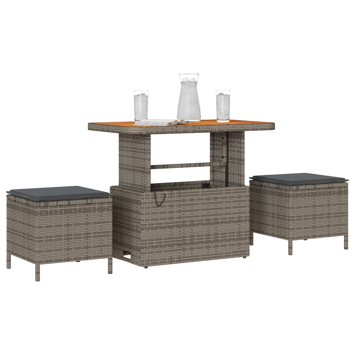 3-Delige Tuin Eetset Met Kussens Poly Rattan Acacia 90 cm Grijs 2 krukken