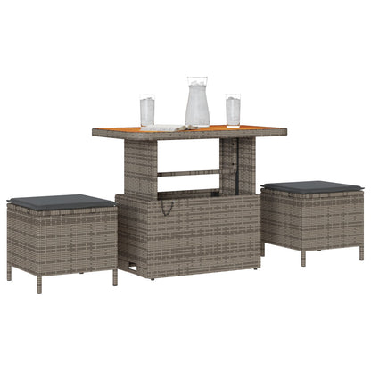 3-Delige Tuin Eetset Met Kussens Poly Rattan Acacia 90 cm Grijs 2 krukken