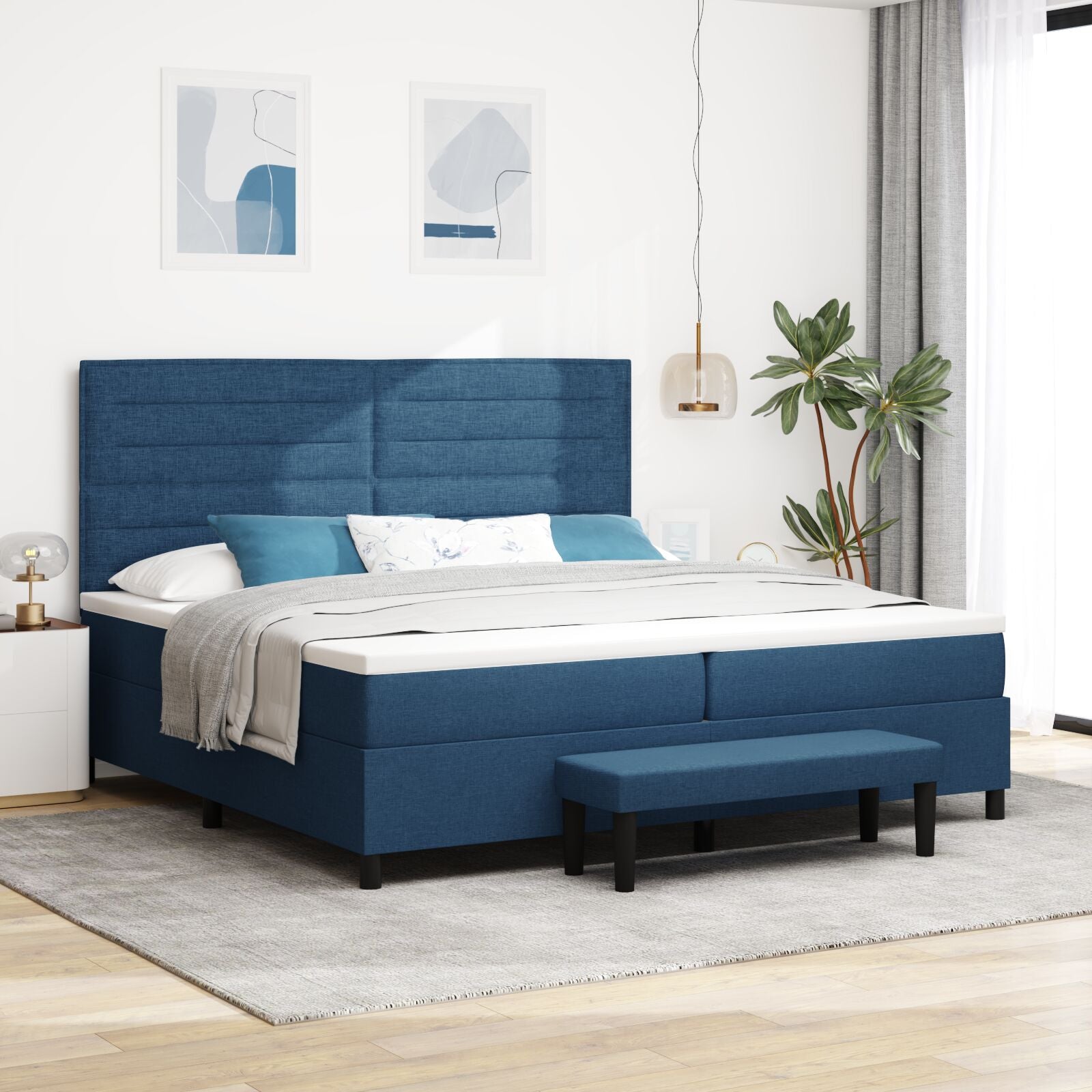 Boxspring Bed Met Matras & Bank Stof Blauw 200 x 200 cm Lijnen ontwerp
