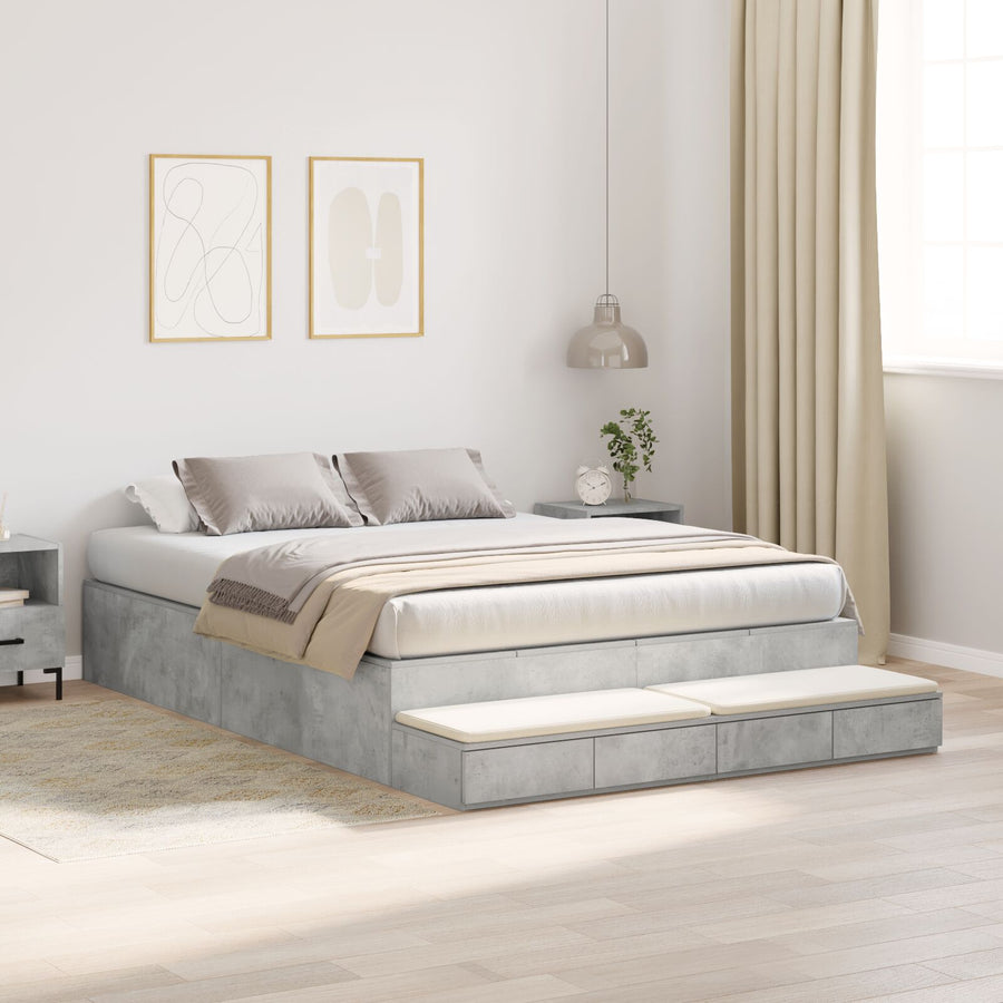 Opbergbedframe Beton Grijs Bewerkt Hout 140 X 190 Cm Artisanaal Eiken