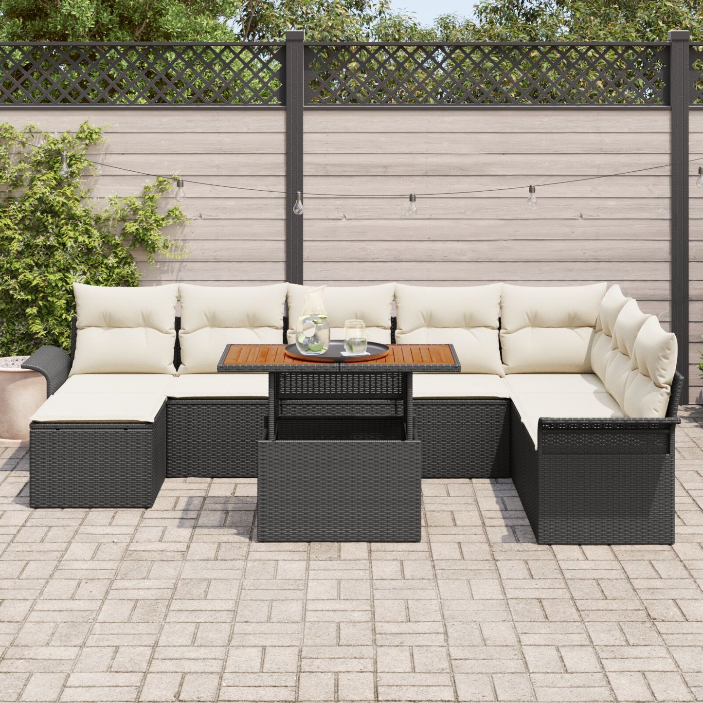 9-Delige Tuin Eetset Met Kussens Zwart Poly Rattan Acacia