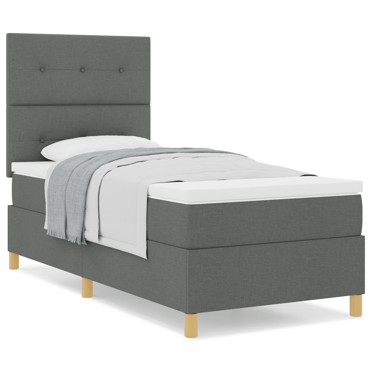 Boxspring Bed Met Matras Donkergrijs Eenpersoons Stof Blauw