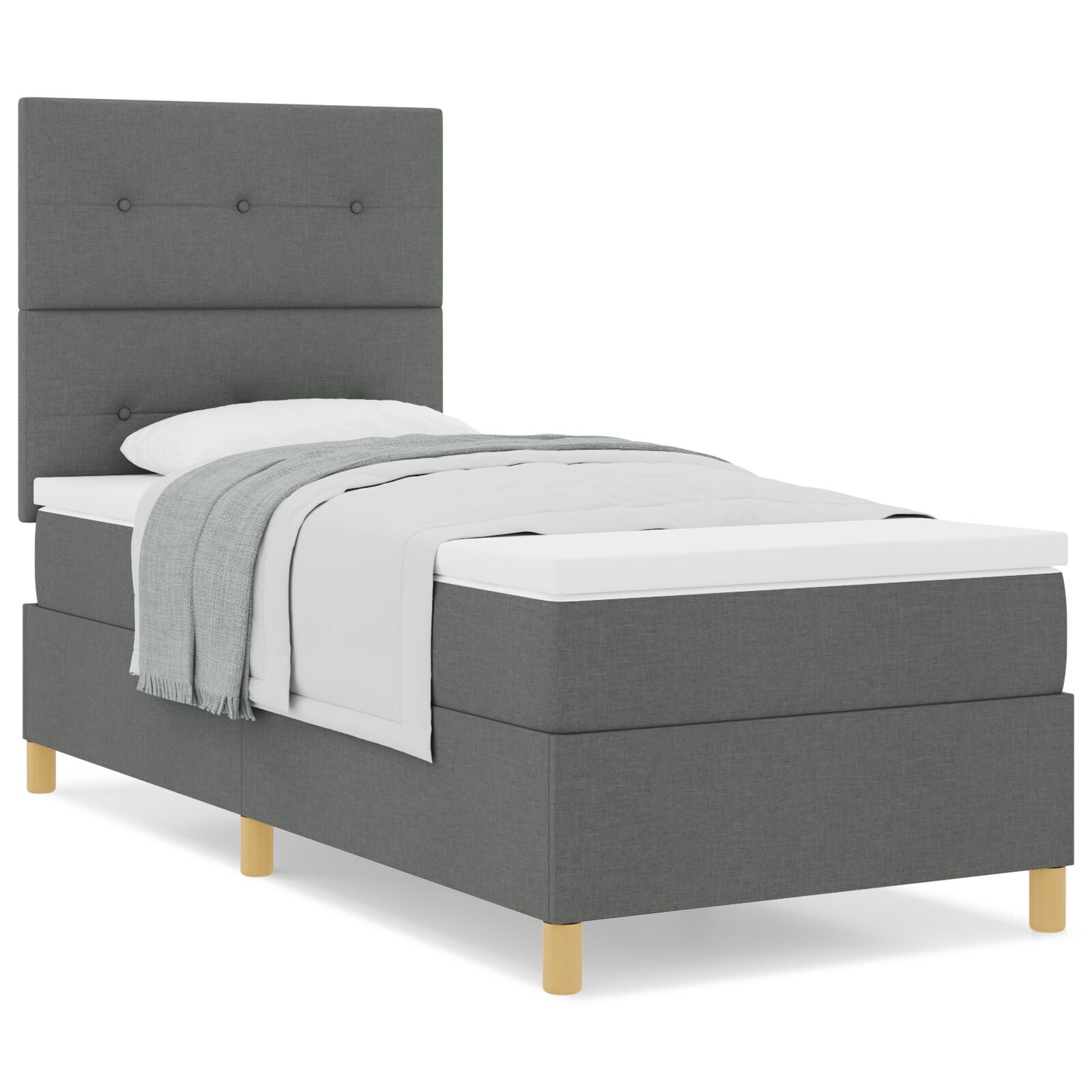 Boxspring Bed Met Matras Donkergrijs Eenpersoons Stof Blauw