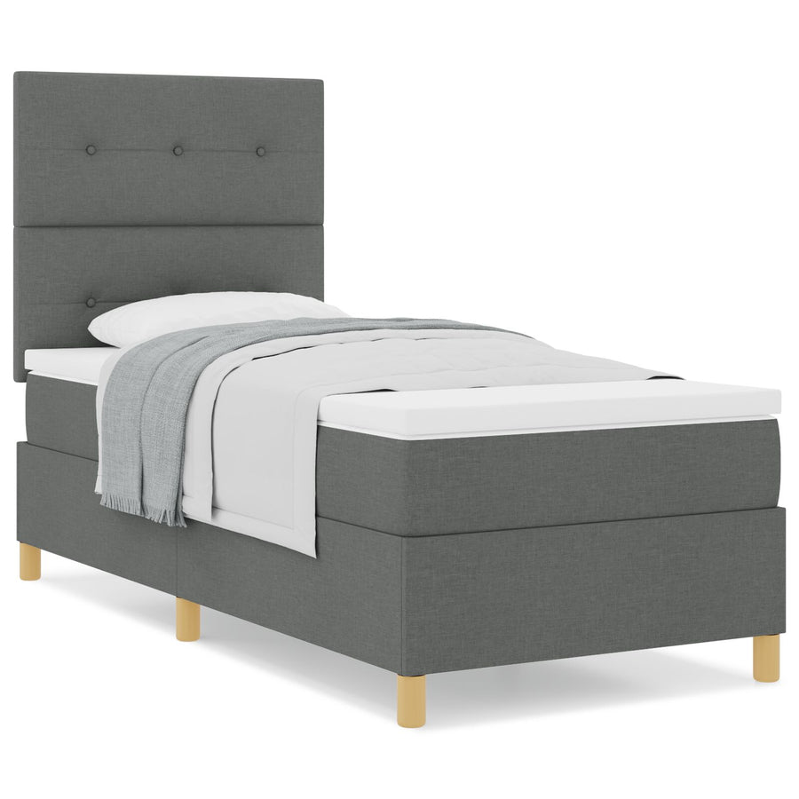 Boxspring Bed Met Matras Donkergrijs Eenpersoons Stof Blauw